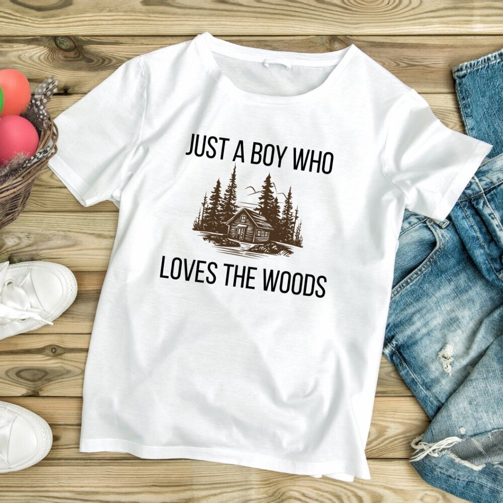 Handmade NWT Just a Boy Who Loves The Woods | Kids White Graphic Tee (XS-XL)